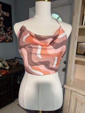 Princess Polly Pink & Brown Swirl Cowl Neck Crop Top